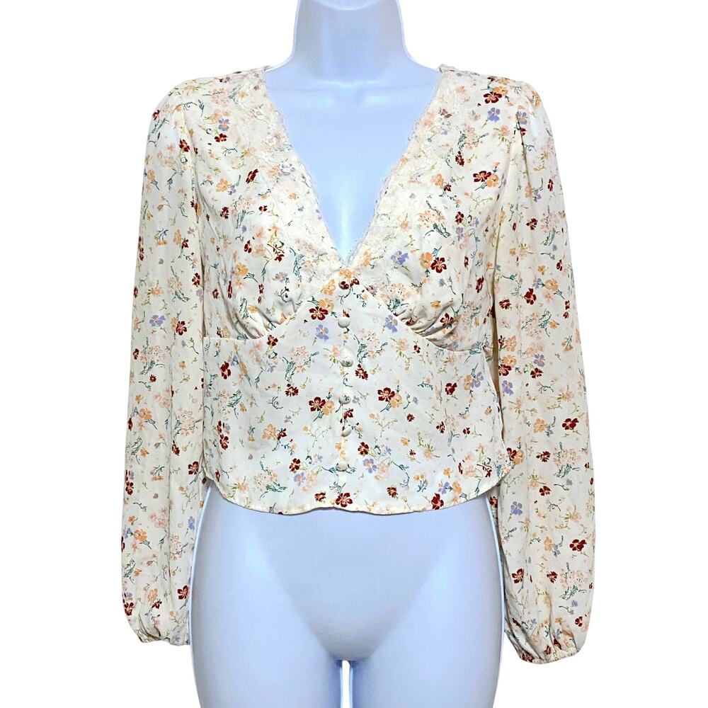 Floral Milkmaid Babydoll Top S V Neck Cottagecore Buttons Lace Overlay Smocked